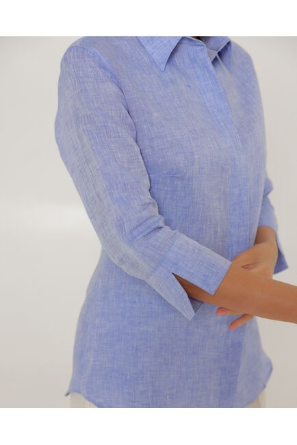 Женская рубашка из льна рукав 3/4 синяя-8793 от byME 