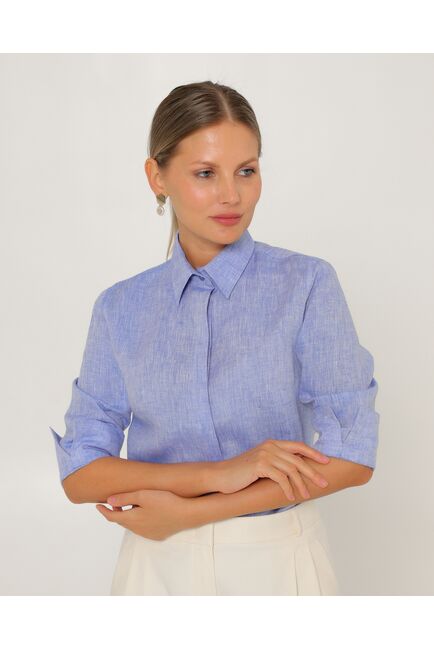 Женская рубашка из льна рукав 3/4 синяя-8793 от byME 