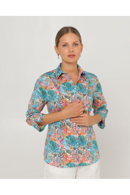 Женская рубашка из хлопка рукав 3/4 с тропическим принтом-8794 от byME 