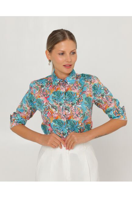 Женская рубашка из хлопка рукав 3/4 с тропическим принтом-8794 от byME 