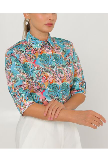 Женская рубашка из хлопка рукав 3/4 с тропическим принтом-8794 от byME 