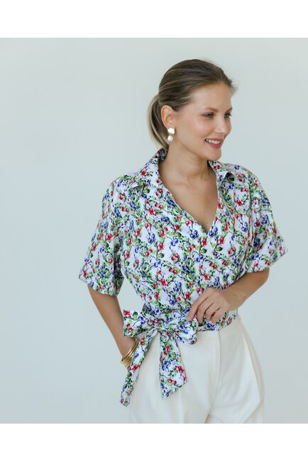 Женская рубашка на запах из хлопка с принтом голубика-8795 от byME 