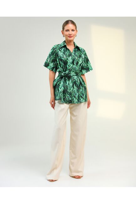 Женская рубашка на запах из хлопка с принтом листья папоротника-8796 от byME 