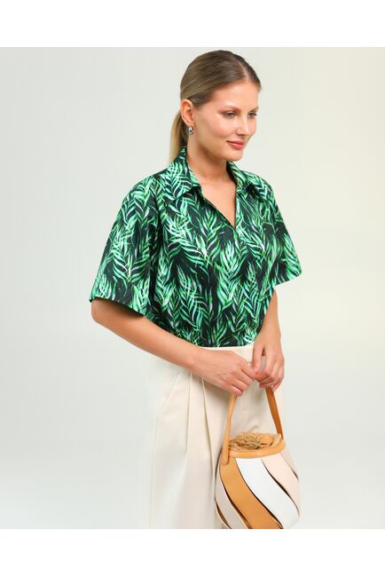 Женская рубашка на запах из хлопка с принтом листья папоротника-8796 от byME 