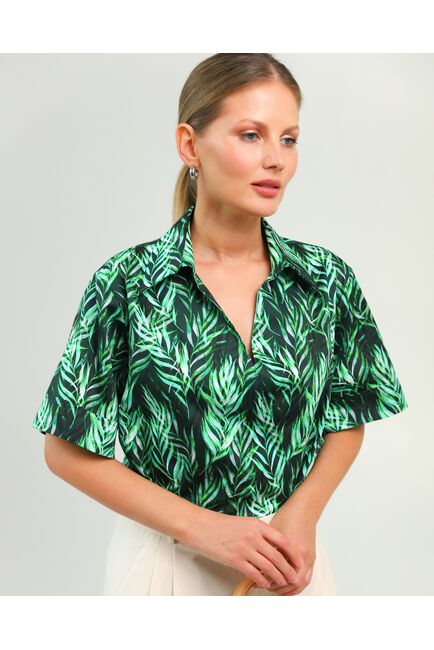 Женская рубашка на запах из хлопка с принтом листья папоротника-8796 от byME 