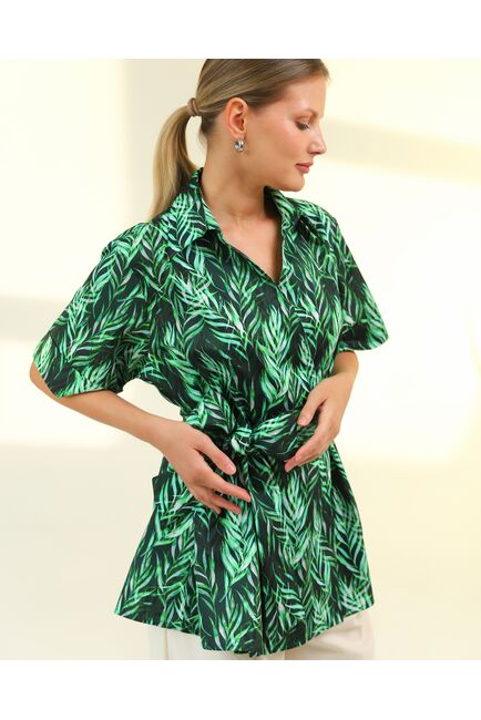 Женская рубашка на запах из хлопка с принтом листья папоротника-8796 от byME 