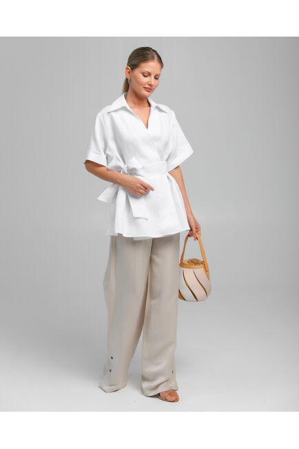 Женская рубашка на запах из льна белая-8800 от byME 