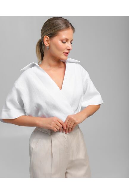 Женская рубашка на запах из льна белая-8800 от byME 