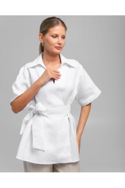 Женская рубашка на запах из льна белая-8800 от byME 