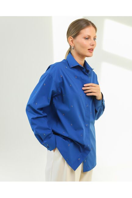 Женская рубашка из хлопка синяя с птицами-8808 от byME 