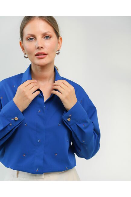 Женская рубашка из хлопка синяя с птицами-8808 от byME 