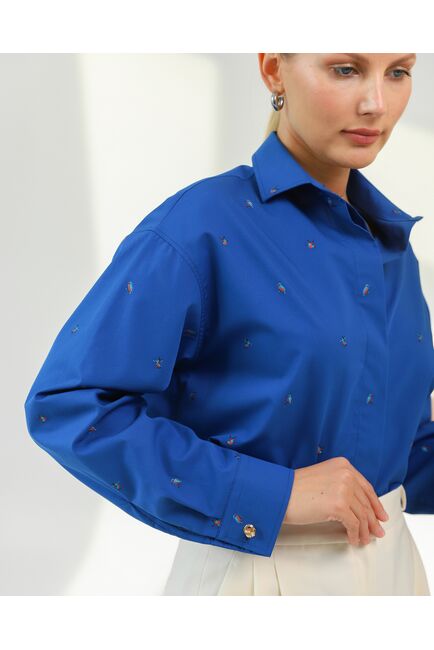 Женская рубашка из хлопка синяя с птицами-8808 от byME 