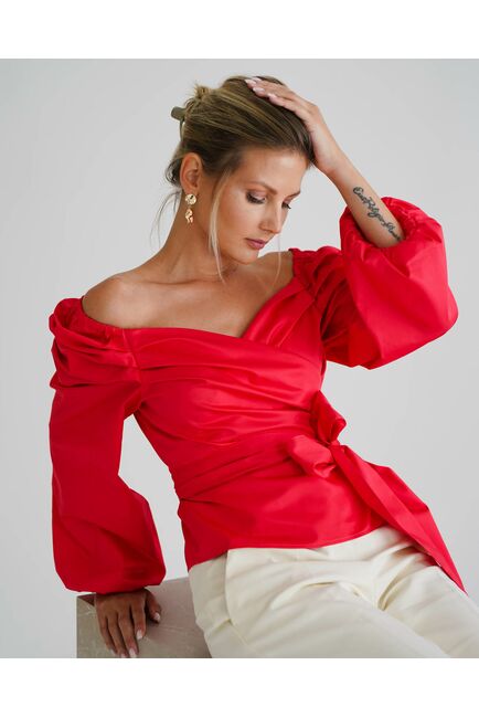 Женская рубашка на запах красная  из хлопка сатинового плетения  8815 от byME 