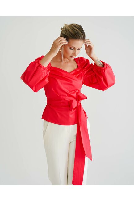 Женская рубашка на запах красная  из хлопка сатинового плетения  8815 от byME 