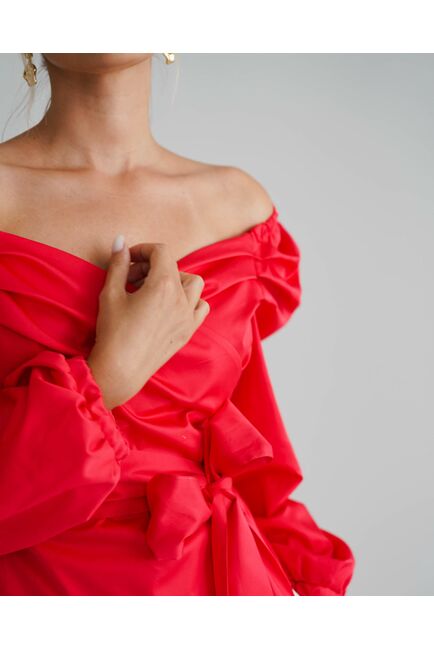 Женская рубашка на запах красная  из хлопка сатинового плетения  8815 от byME 