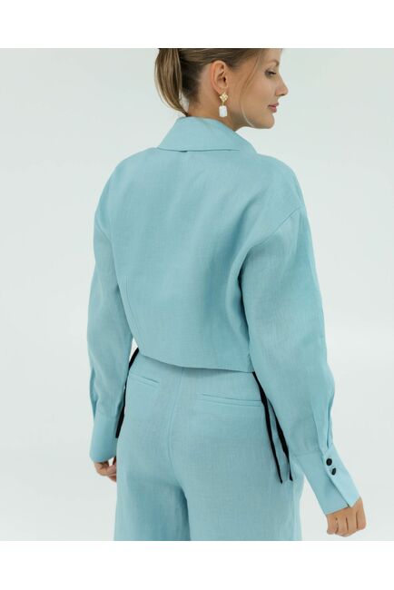 Женская укороченная рубашка голубая изо льна-105052 от LW 