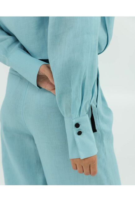 Женская укороченная рубашка голубая изо льна-105052 от LW 