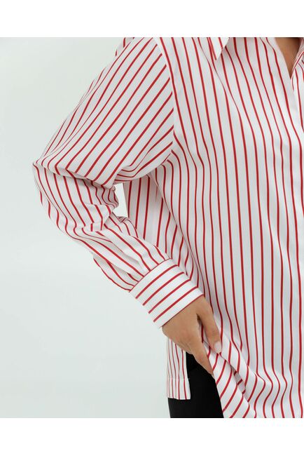 Женская рубашка с универсальным манжетом белая в красную полоску - 8422 от byME 