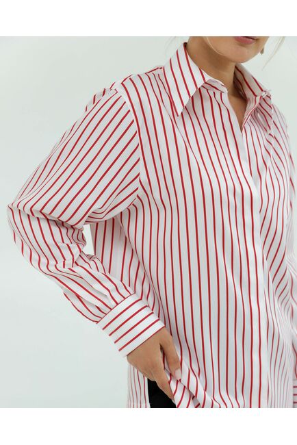 Женская рубашка с универсальным манжетом белая в красную полоску - 8422 от byME 