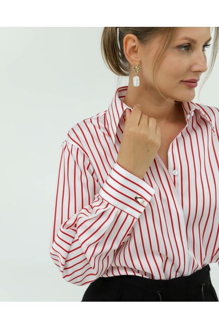 Женская рубашка с универсальным манжетом белая в красную полоску - 8422 от byME 