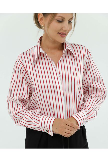 Женская рубашка с универсальным манжетом белая в красную полоску - 8422 от byME 