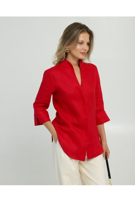 Женская рубашка воротник стойка удлиненная рукав 3/4 изо льна 8831 от byME 