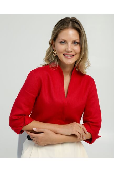 Женская рубашка воротник стойка удлиненная рукав 3/4 изо льна 8831 от byME 