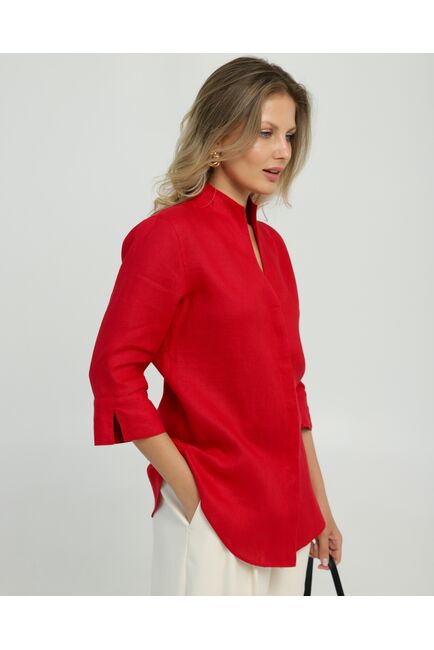 Женская рубашка воротник стойка удлиненная рукав 3/4 изо льна 8831 от byME 