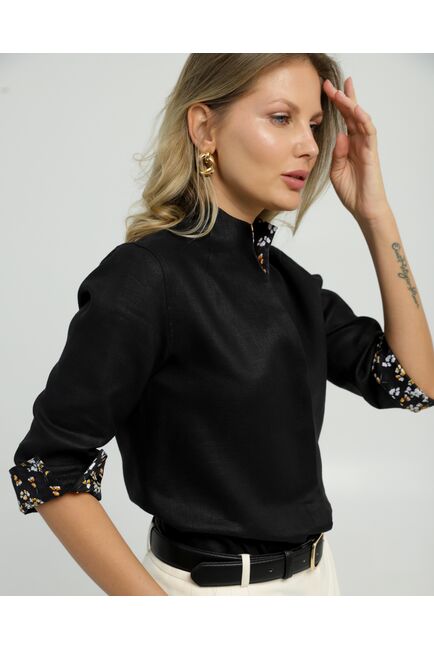 Женская рубашка воротник стойка изо льна с отделкой  удлиненная рукав 3/4 - 8833 от byME 