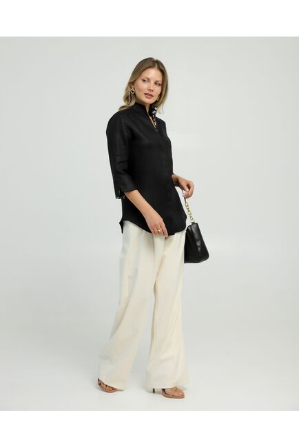 Женская рубашка воротник стойка изо льна с отделкой  удлиненная рукав 3/4 - 8833 от byME 