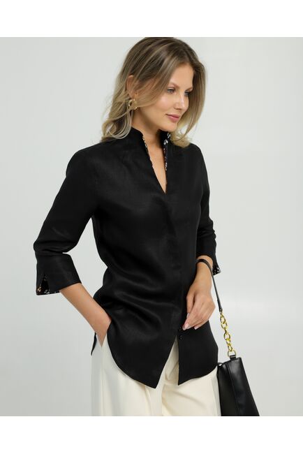 Женская рубашка воротник стойка изо льна с отделкой  удлиненная рукав 3/4 - 8833 от byME 