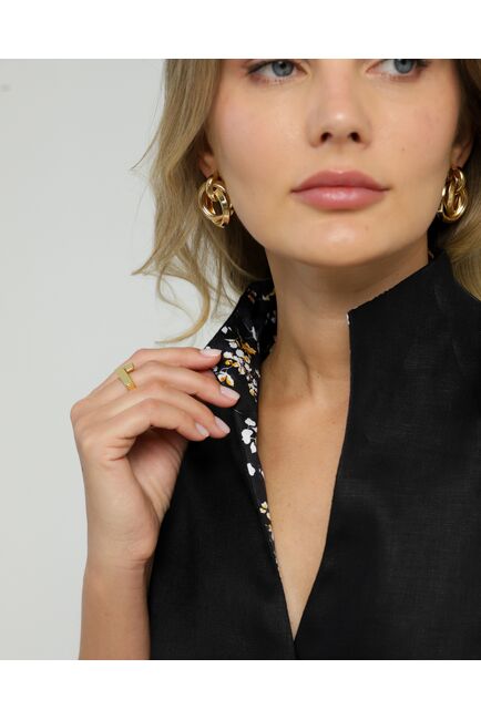 Женская рубашка воротник стойка изо льна с отделкой  удлиненная рукав 3/4 - 8833 от byME 