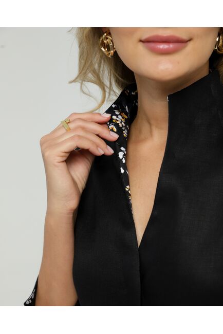 Женская рубашка воротник стойка изо льна с отделкой  удлиненная рукав 3/4 - 8833 от byME 