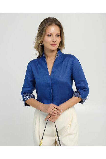 Женская рубашка воротник стойка удлиненная изо льна с отделкой рукав 3/4 - 8834 от byME 