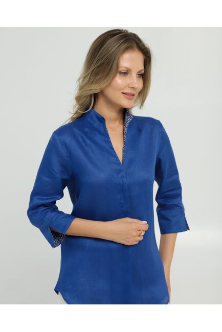 Женская рубашка воротник стойка удлиненная изо льна с отделкой рукав 3/4 - 8834 от byME 