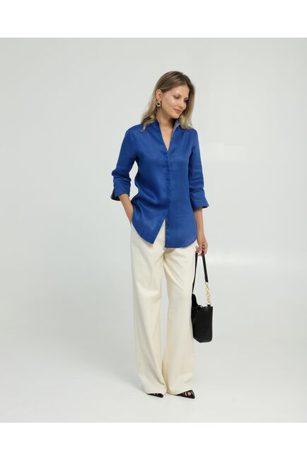 Женская рубашка воротник стойка удлиненная изо льна с отделкой рукав 3/4 - 8834 от byME 