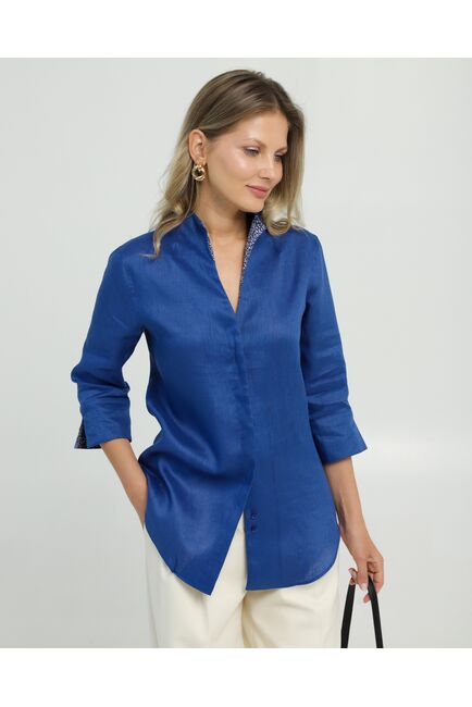 Женская рубашка воротник стойка удлиненная изо льна с отделкой рукав 3/4 - 8834 от byME 