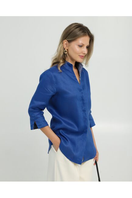 Женская рубашка воротник стойка удлиненная изо льна с отделкой рукав 3/4 - 8834 от byME 