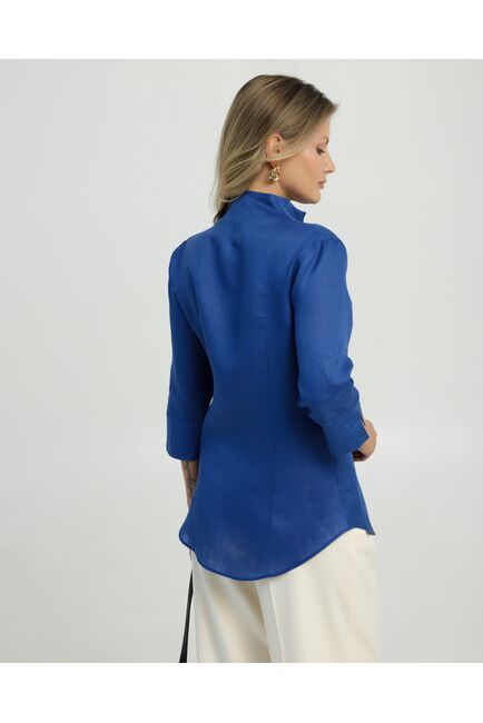 Женская рубашка воротник стойка удлиненная изо льна с отделкой рукав 3/4 - 8834 от byME 