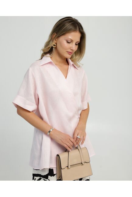 Женска рубашка на запах изо льна розовая 8844 от byME 