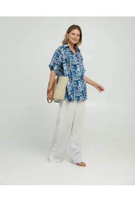 Женска рубашка на запах из крапивы принт синие тропики  8846 от byME 