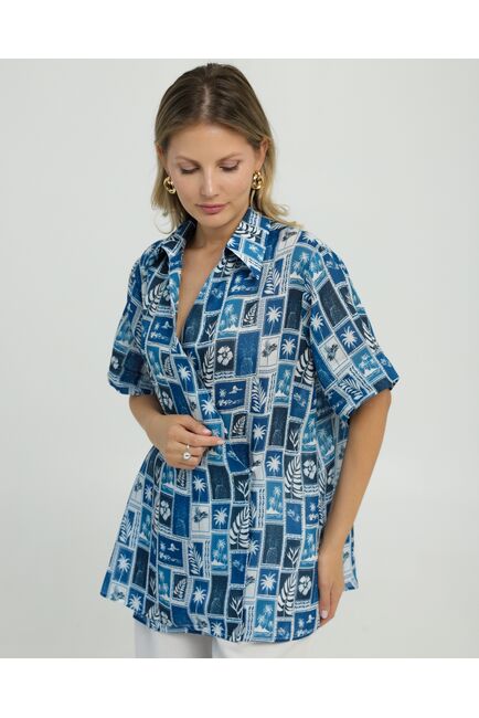 Женска рубашка на запах из крапивы принт синие тропики  8846 от byME 