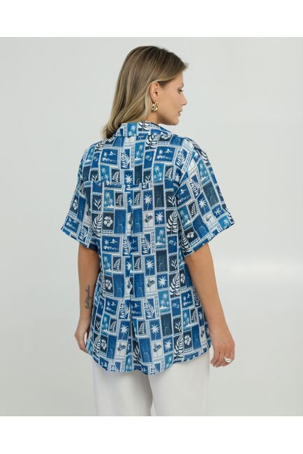 Женска рубашка на запах из крапивы принт синие тропики  8846 от byME 