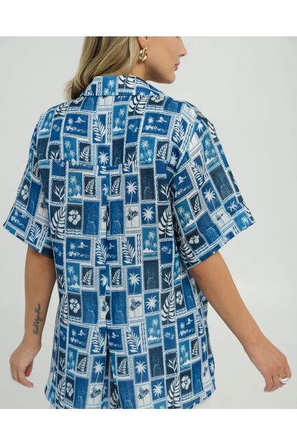 Женска рубашка на запах из крапивы принт синие тропики  8846 от byME 