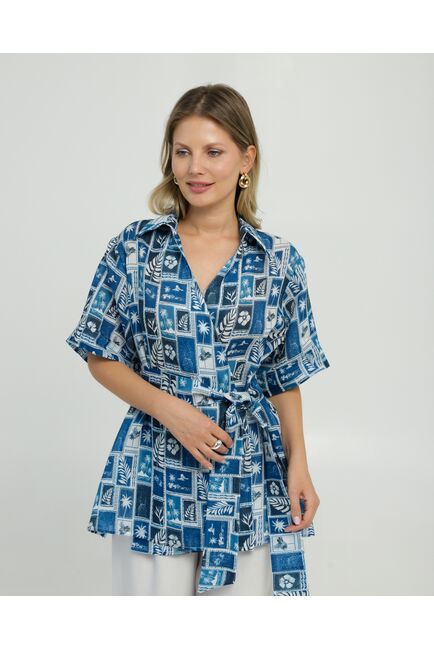 Женска рубашка на запах из крапивы принт синие тропики  8846 от byME 