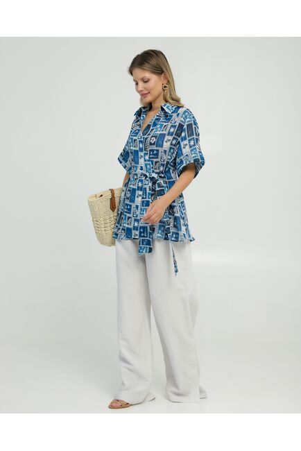 Женска рубашка на запах из крапивы принт синие тропики  8846 от byME 