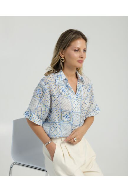 Женская рубашка на запах из крапивы принт испанская плитка 8847 от byME 