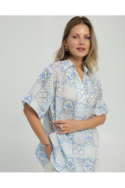 Женская рубашка на запах из крапивы принт испанская плитка 8847 от byME 