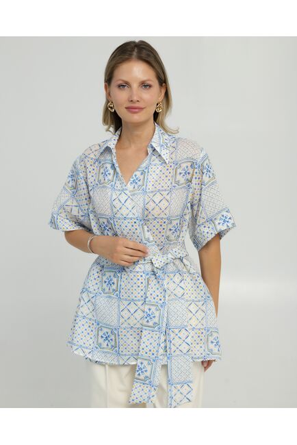 Женская рубашка на запах из крапивы принт испанская плитка 8847 от byME 