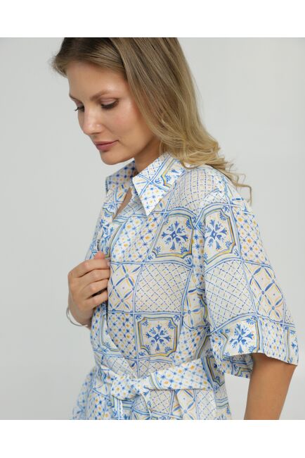 Женская рубашка на запах из крапивы принт испанская плитка 8847 от byME 